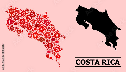 Vector covid-2019 mosaic map of Costa Rica created for medicare purposes. Red mosaic map of Costa Rica is composed from biohazard coronavirus pathogen items.