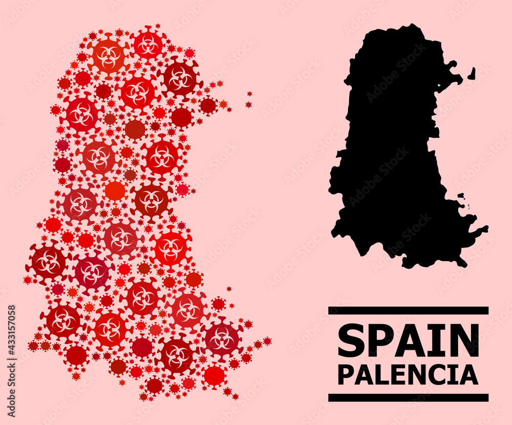 Obraz premium Vector covid-2019 mosaic map of Palencia Province combined for lockdown projects. Red mosaic map of Palencia Province is done from biohazard coronavirus viral elements.