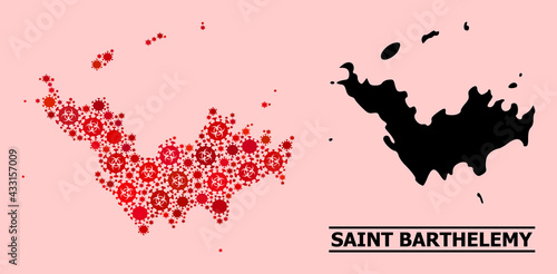 Vector coronavirus mosaic map of Saint Barthelemy created for lockdown wallpapers. Red mosaic map of Saint Barthelemy is done of biological hazard coronavirus infection elements.