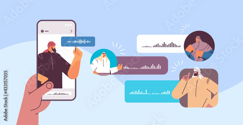 arabic people communicating in instant messengers by voice messages audio chat application online communication