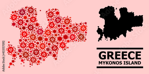 Vector covid-2019 collage map of Mykonos Island organized for pharmacy wallpapers. Red mosaic map of Mykonos Island is organized of biohazard covid-2019 viral cells.
