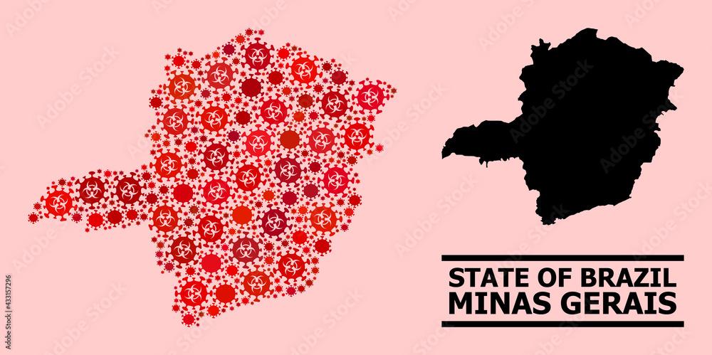 Vector covid-2019 composition map of Minas Gerais State organized for medicare applications. Red mosaic map of Minas Gerais State is made with biological hazard covid-2019 infection items.