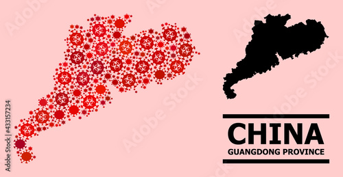 Vector covid-2019 mosaic map of Guangdong Province created for health care posters. Red mosaic map of Guangdong Province is made with biological hazard covid-2019 viral icons.