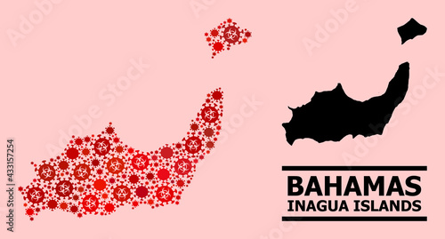 Vector covid mosaic map of Inagua Islands combined for hospital purposes. Red mosaic map of Inagua Islands is composed with biological hazard covid-2019 infection cells.