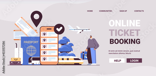 man traveler with baggage buying or searching tickets in mobile app online ticket booking traveling concept