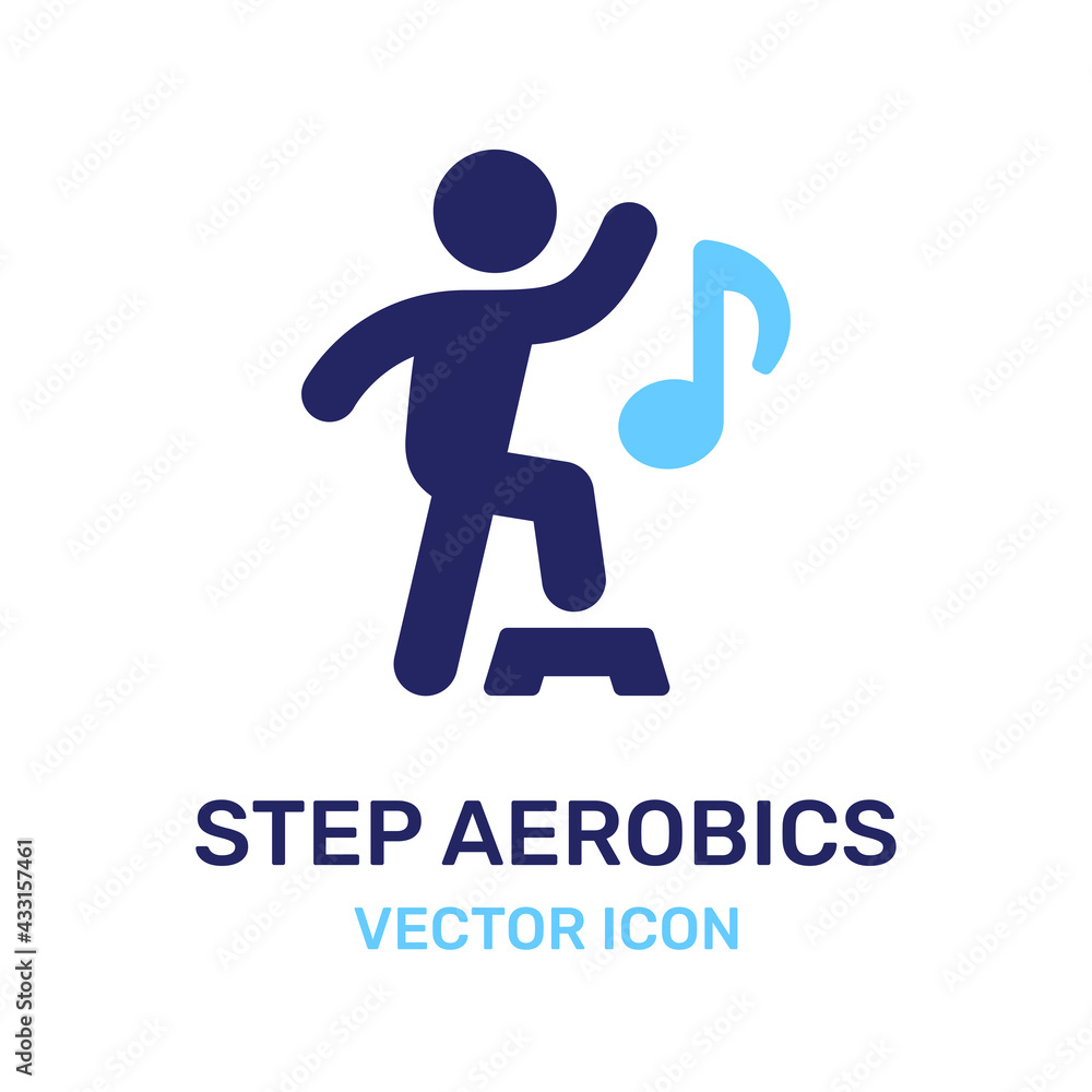Person working out on step aerobics board icon Person working out on step aerobics board icon