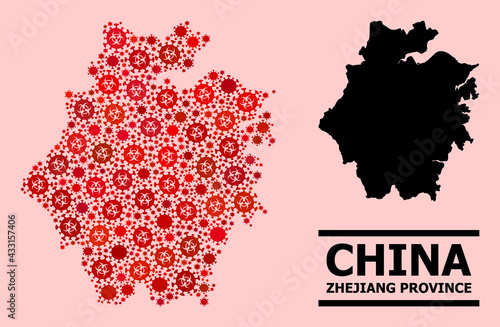 Vector covid mosaic map of Zhejiang Province designed for medicare applications. Red mosaic map of Zhejiang Province is organized from biological hazard covid pathogen items.