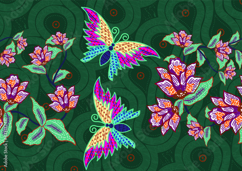 Indonesian batik motifs with very distinctive patterns of plants and butterflies