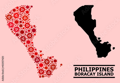 Vector covid mosaic map of Boracay Island organized for lockdown purposes. Red mosaic map of Boracay Island is created from biohazard covid viral parts.