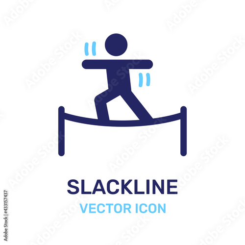 Slackline icon. Man balancing and walking on a tightrope.