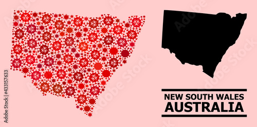 Vector covid-2019 mosaic map of New South Wales organized for medicare advertisement. Red mosaic map of New South Wales is constructed of biohazard covid-2019 infection parts.