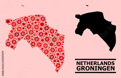 Vector covid mosaic map of Groningen Province designed for medicare applications. Red mosaic map of Groningen Province is organized with biological hazard covid infection elements.