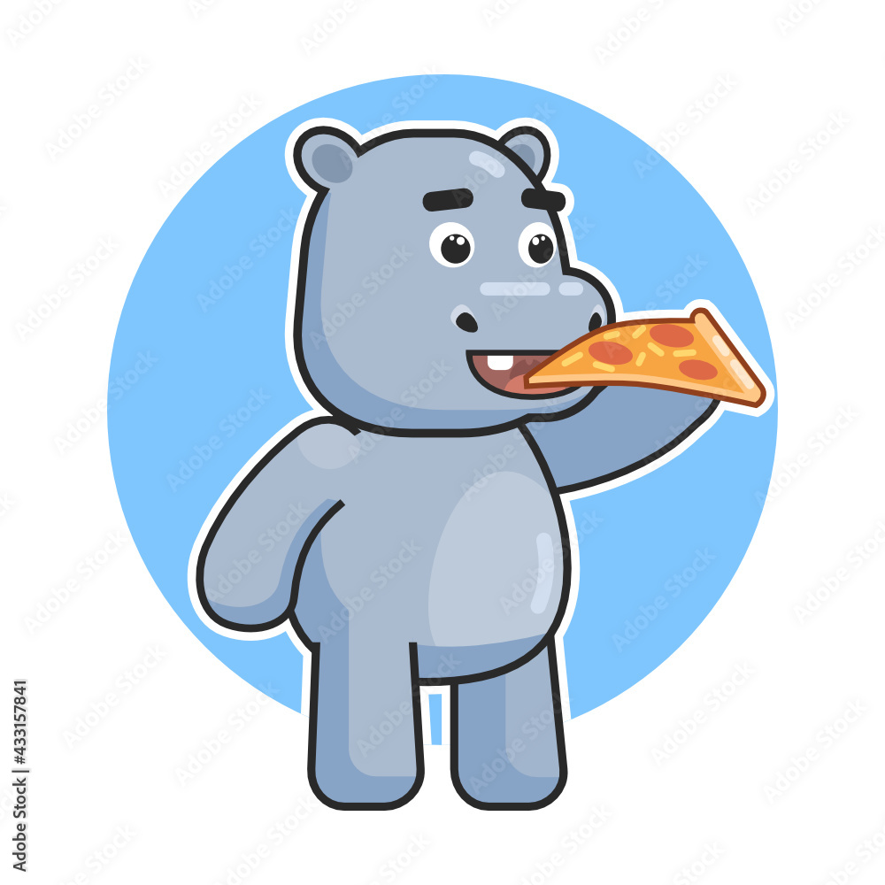 Obraz premium Cute hippopotamus eat pizza pie. Hippo eat fast food logo. Modern vector illustration