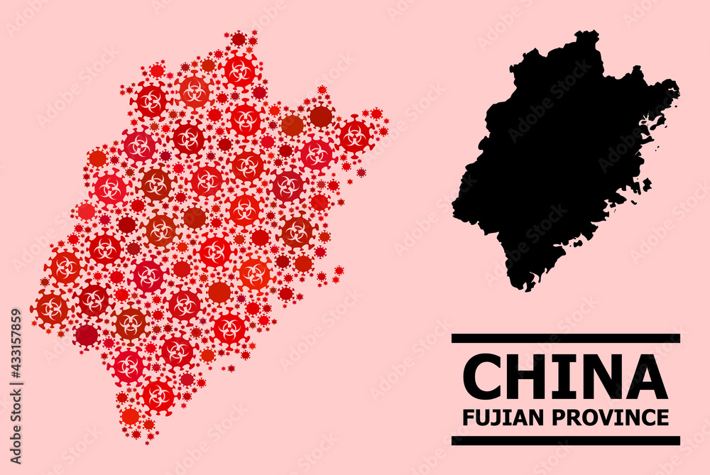 Vector covid-2019 mosaic map of Fujian Province designed for hospital applications. Red mosaic map of Fujian Province is made from biological hazard covid-2019 infection icons.