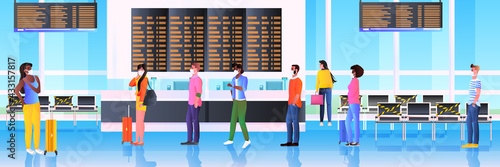 mix race passengers in protective masks standing at check-in counter coronavirus pandemic social distancing concept