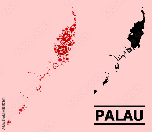 Vector coronavirus mosaic map of Palau Islands combined for medicare wallpapers. Red mosaic map of Palau Islands is organized with biohazard flu viral items.