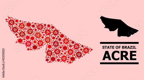 Vector covid-2019 mosaic map of Acre State organized for vaccination illustrations. Red mosaic map of Acre State is created with biohazard covid-2019 infection cells.