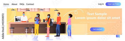 mix race people in protective masks standing in line queue in cafe coronavirus pandemic social distancing concept