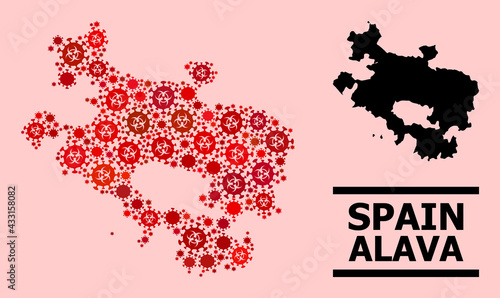 Vector covid-2019 mosaic map of Alava Province done for vaccination applications. Red mosaic map of Alava Province is constructed from biological hazard covid-2019 pathogen items.