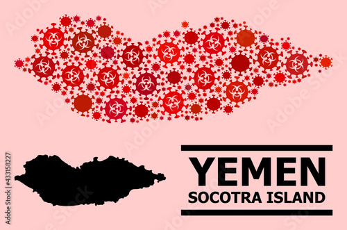Vector covid-2019 mosaic map of Socotra Island combined for medicare advertisement. Red mosaic map of Socotra Island is done with biohazard covid-2019 infection parts.