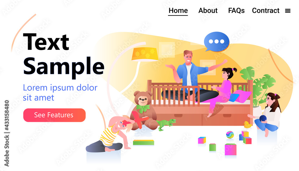 Naklejka premium young father playing with little children at home fatherhood parenting concept dad spending time with his kids
