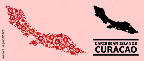 Vector coronavirus mosaic map of Curacao Island organized for health care illustrations. Red mosaic map of Curacao Island is constructed with biohazard flu pathogen items.