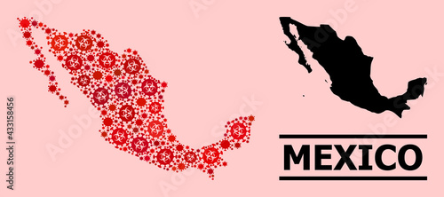 Vector covid-2019 composition map of Mexico combined for pandemic purposes. Red mosaic map of Mexico is created from biological hazard covid-2019 infection cells.