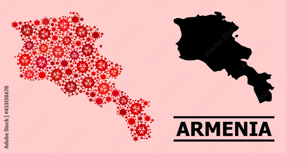 Vector covid-2019 mosaic map of Armenia organized for hospital purposes. Red mosaic map of Armenia is designed of biological hazard covid-2019 viral elements.