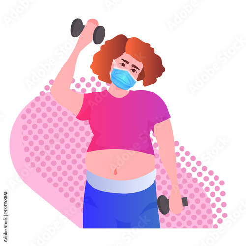 fat obese woman in mask doing exercises with dumbbells overweight girl training workout weight loss concept