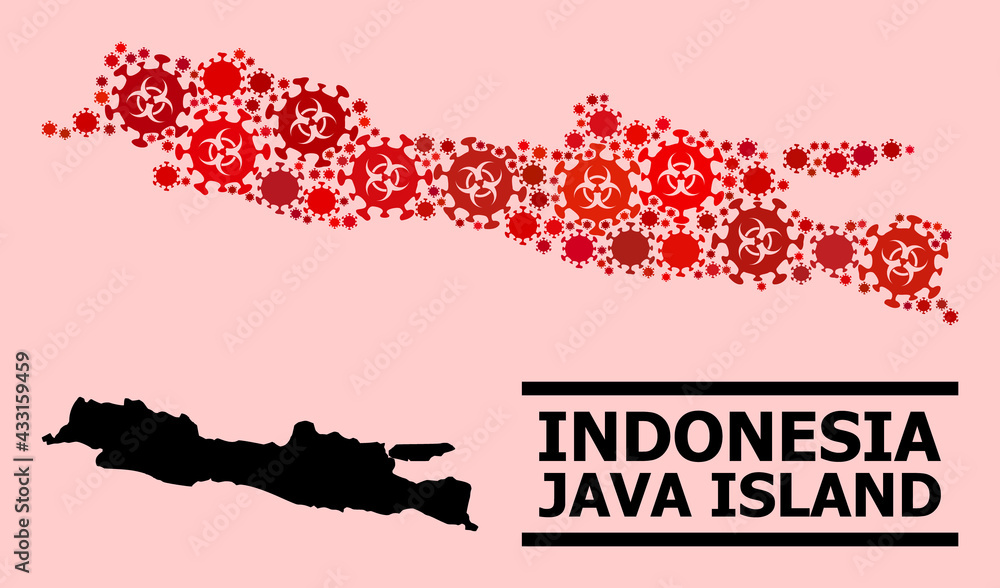 Fototapeta premium Vector covid-2019 mosaic map of Java Island organized for lockdown purposes. Red mosaic map of Java Island is organized of biological hazard covid-2019 viral items.