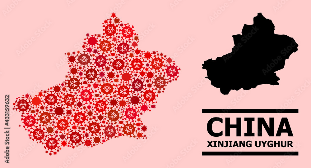 Vector covid-2019 mosaic map of Xinjiang Uyghur Region organized for clinic purposes. Red mosaic map of Xinjiang Uyghur Region is constructed from biological hazard covid-2019 viral icons.