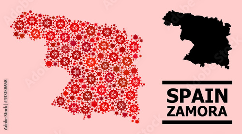 Vector covid-2019 composition map of Zamora Province constructed for vaccination purposes. Red mosaic map of Zamora Province is composed from biological hazard covid-2019 viral icons.
