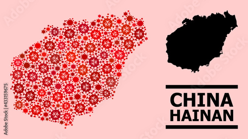 Vector coronavirus mosaic map of Hainan Island done for medicare posters. Red mosaic map of Hainan Island is done of biohazard coronavirus viral elements.