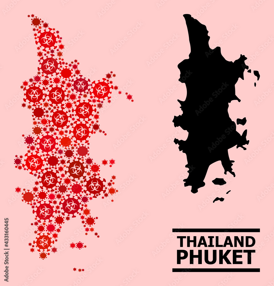 Obraz premium Vector covid-2019 mosaic map of Phuket created for doctor applications. Red mosaic map of Phuket is constructed of biohazard covid-2019 pathogen parts.