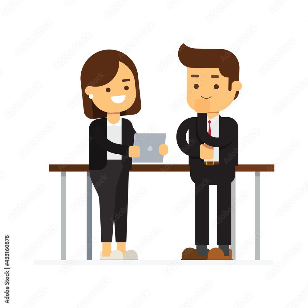 Business people man and woman enjoy tablet near the workplace Business people man and woman enjoy tablet near the workplace