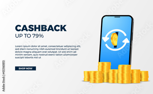 Cashback banner promotion money advertising with 3d golden coin dollar with phone
