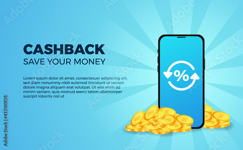 Cashback banner promotion money advertising with 3d golden coin dollar with phone
