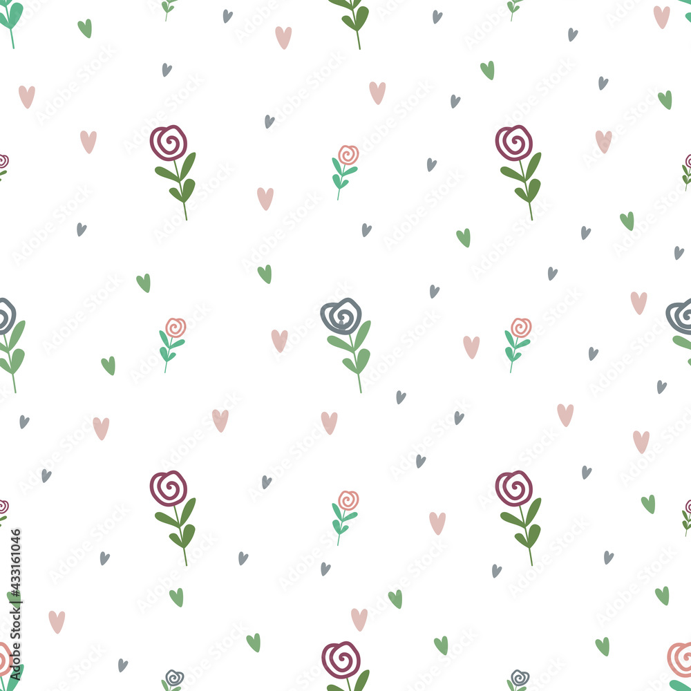Seamless pattern. Flower, hearts. White background. Great for fabric, textile, gift wrap. Seamless pattern. Flower, hearts. White background. Great for fabric, textile, gift wrap.