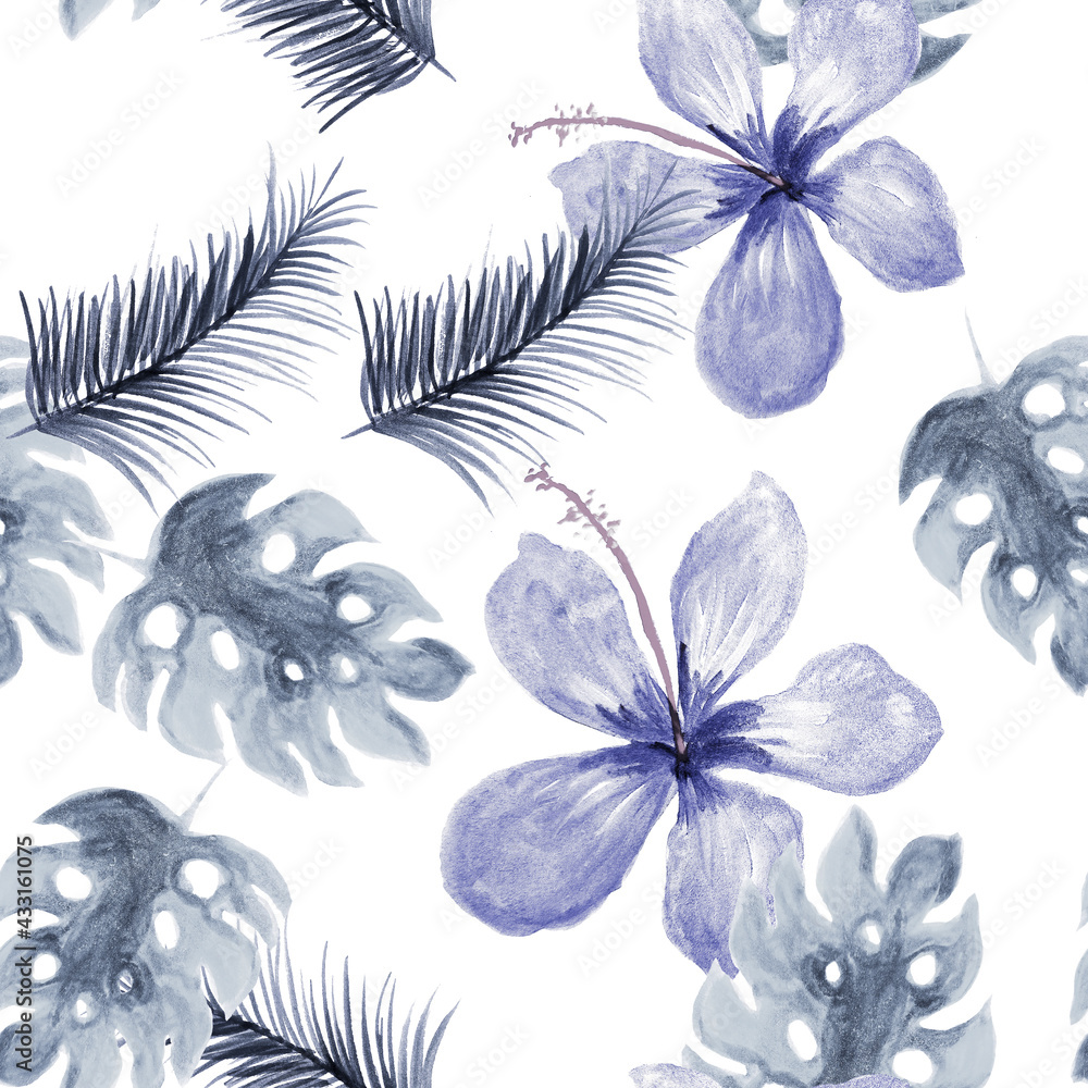 White Seamless Botanical. Navy Pattern Leaves. Indigo Tropical Hibiscus. Cobalt Wallpaper Plant. Blue Drawing Palm. Gray Decoration Vintage. Monstera Leaves.