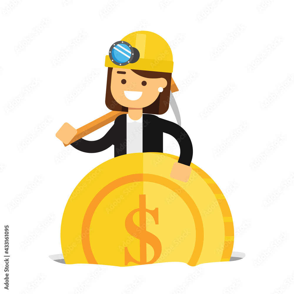 businesswoman miner use pickaxe working money coin mine businesswoman miner use pickaxe working money coin mine