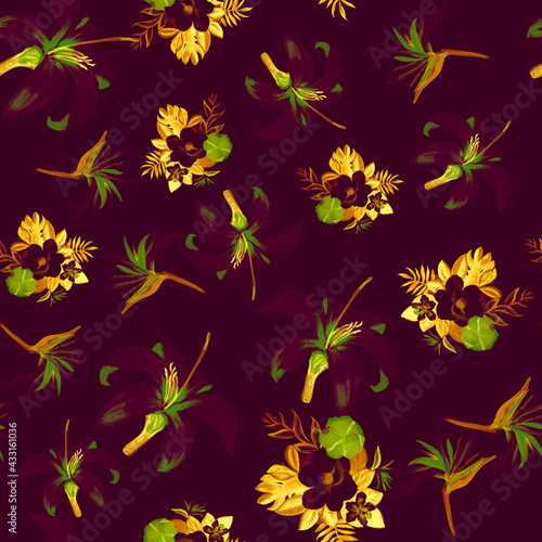 Yellow Seamless Textile. Orange Pattern Textile. Gold Flower Leaves. Autumn Tropical Design. Golden Watercolor Background. Summer Botanical. Decoration Art.