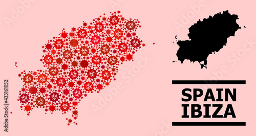 Vector covid-2019 composition map of Ibiza Island constructed for pharmacy illustrations. Red mosaic map of Ibiza Island is constructed of biohazard covid-2019 infection items.