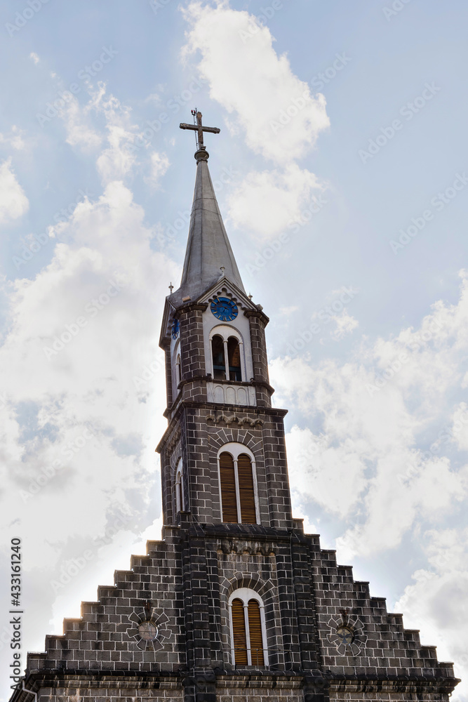 a decorated stone church tower