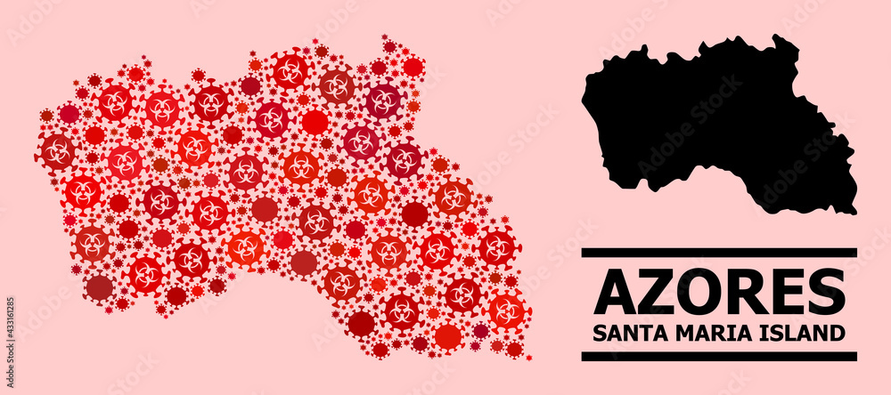 Obraz premium Vector covid-2019 mosaic map of Santa Maria Island done for clinic projects. Red mosaic map of Santa Maria Island is organized from biological hazard covid-2019 pathogen icons.