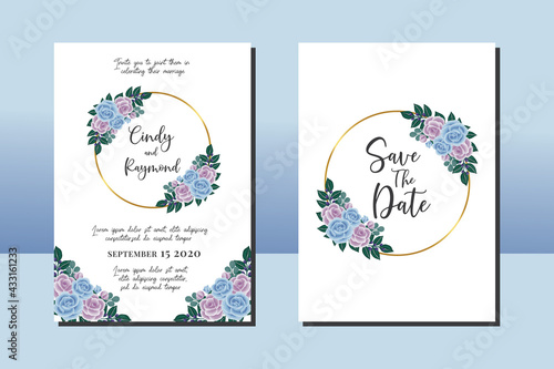 Wedding invitation frame set  floral watercolor hand drawn Blue Rose Flower design Invitation Card Template