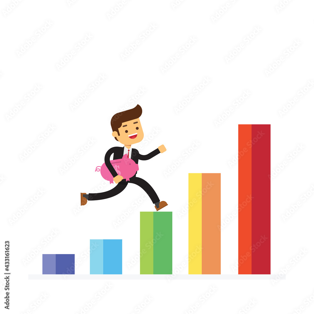 business man with piggy bank jump over charts business man with piggy bank jump over charts