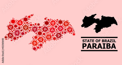 Vector covid mosaic map of Paraiba State designed for vaccination posters. Red mosaic map of Paraiba State is composed with biohazard covid infection icons.