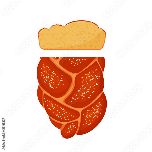 Sliced Hala with sesame seeds is the national Jewish food. White bread. Vector illustration isolated on white background.
