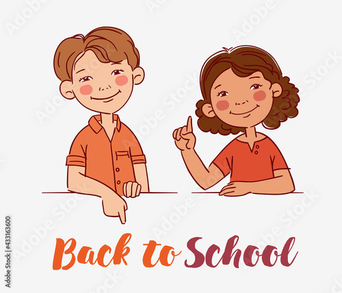 Funny kids. Vector cute boy and girl collection. Multi-ethnic couple of happy children. Different cartoon faces icons