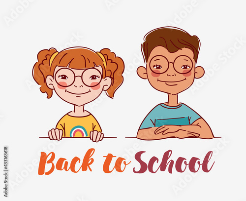 Funny kids. Vector cute boy and girl collection. Multi-ethnic couple of happy children. Different cartoon faces icons